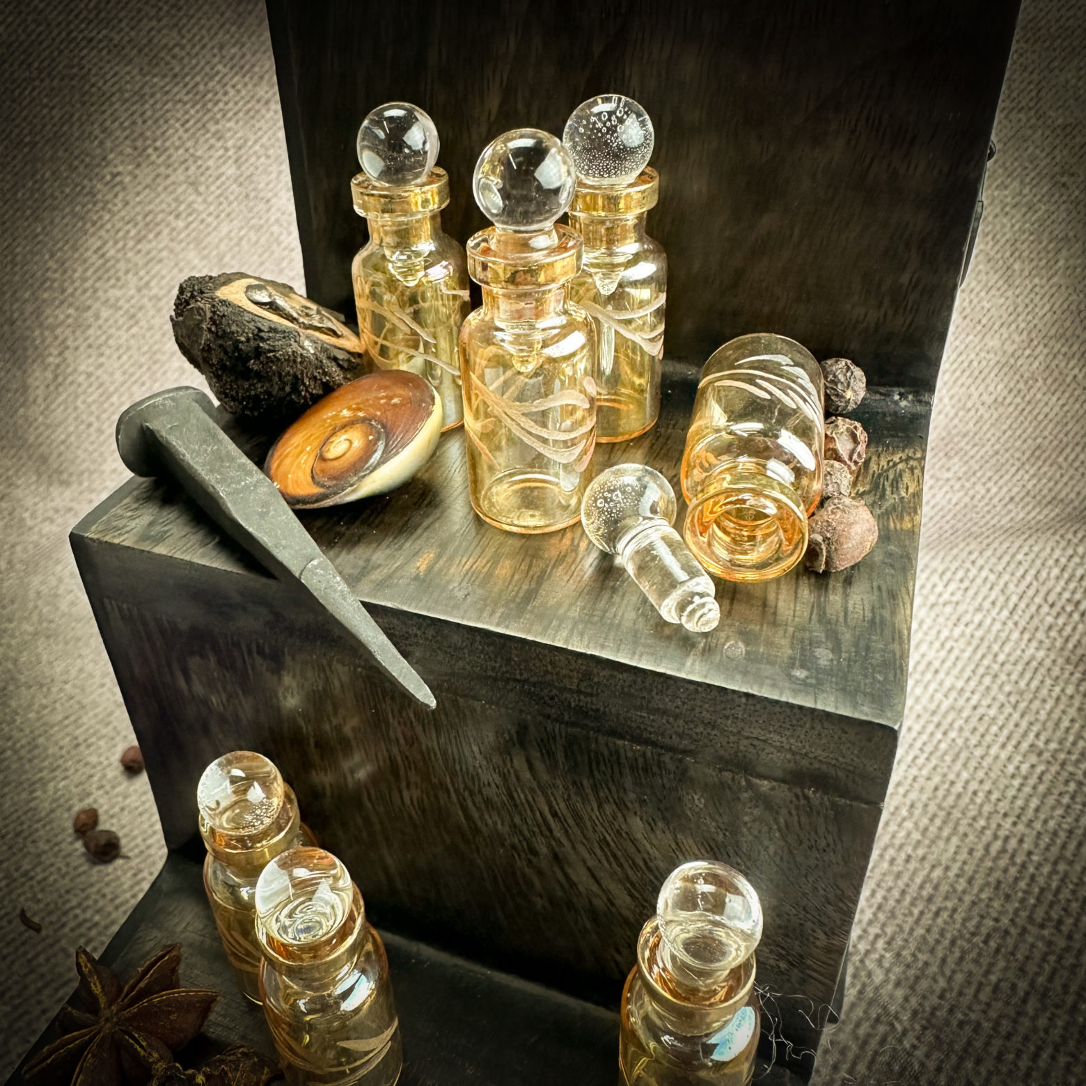 Hand-Blown Glass Potion Bottle - Small Engraved Iridescent Gold