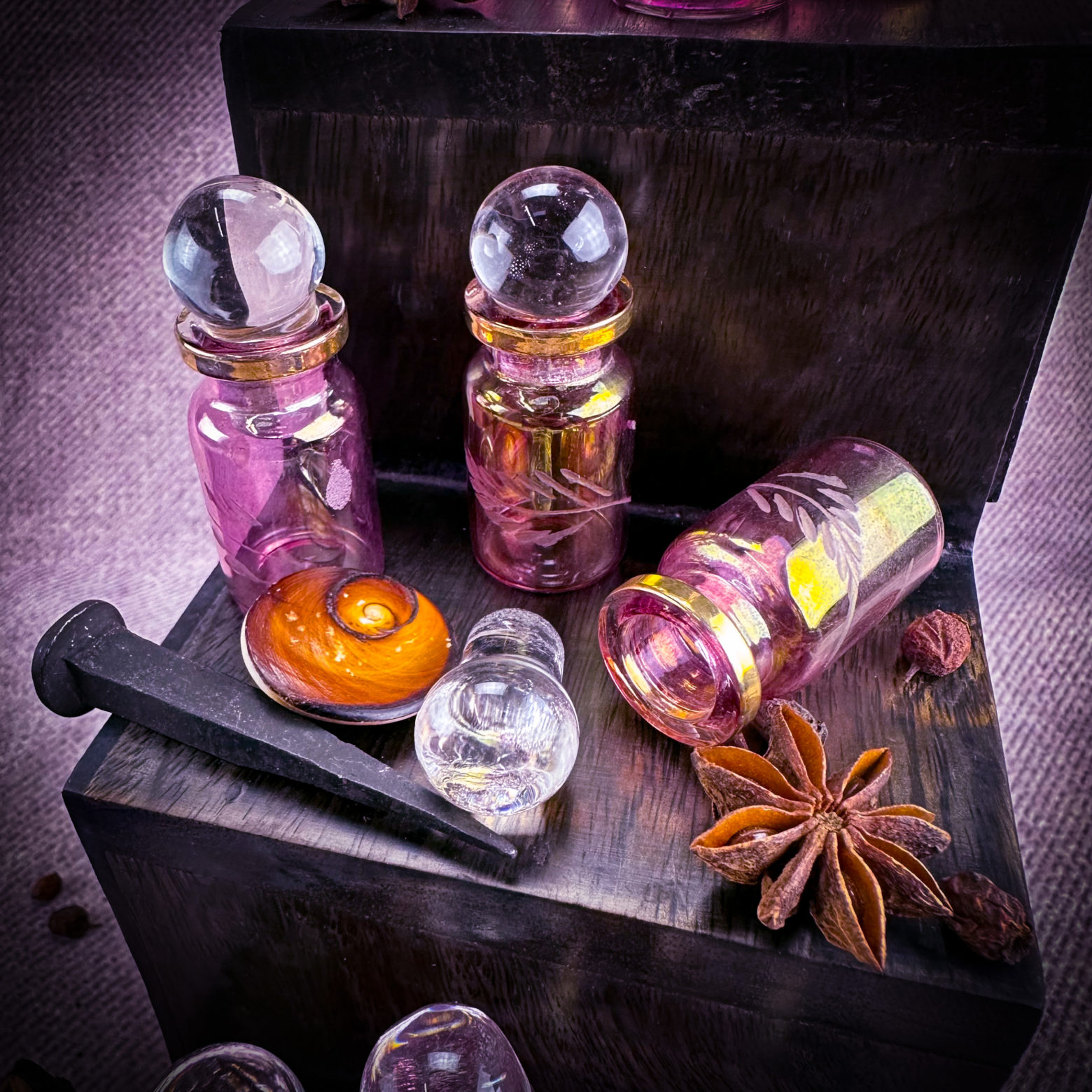 Hand-Blown Glass Potion Bottle - Large Etched Iridescent Pink